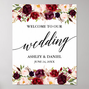 Calligrafie Floral Burgundy Weddenschap Welkom Poster