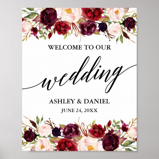 Calligrafie Floral Burgundy Weddenschap Welkom Poster (Voorkant)
