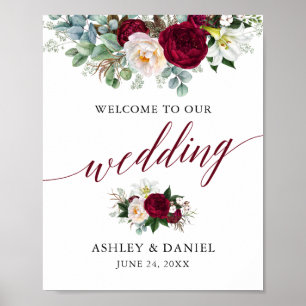 Calligrafie Floral Burgundy Weddenschap Welkom Poster