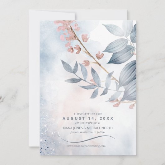 Calligrafie Floral Dusty Blue ID771 Save The Date (Achterkant)