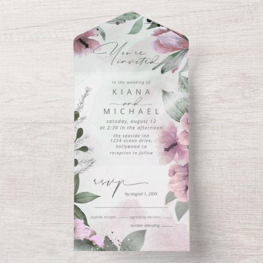Calligrafie Floral Mauve ID771 All In One Uitnodiging (Binnen)