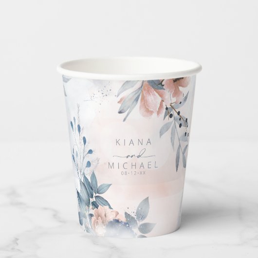 Calligrafie Floral Wedding Dusty Blue ID771 Papieren Bekers (Achterkant)