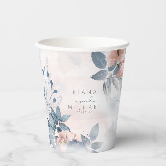 Calligrafie Floral Wedding Dusty Blue ID771 Papieren Bekers (Voorkant)