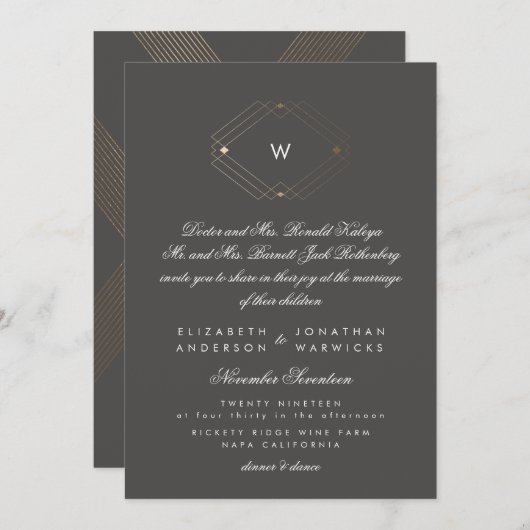 Calligrafie Formele monogram Gold Foil Charcoal Kaart (Voorkant / Achterkant)