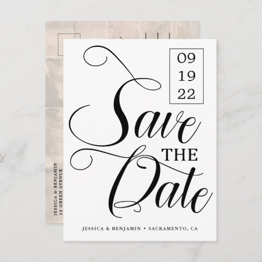 Calligrafie Foto bruiloft bespaart datum Aankondigingskaart (Voorkant / Achterkant)