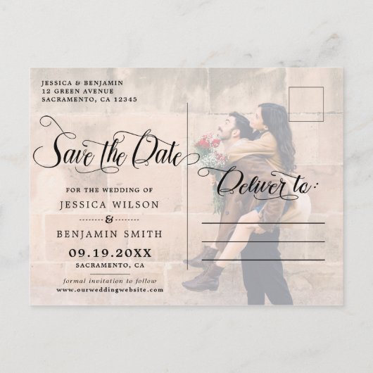 Calligrafie Foto bruiloft bespaart datum Aankondigingskaart (Achterkant)