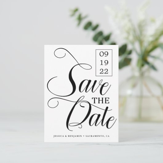 Calligrafie Foto bruiloft bespaart datum Aankondigingskaart (Staand voorkant)