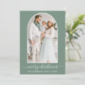 Calligrafie Fotoboog Snowflakes Sage Green Feestdagenkaart (Staand voorkant)