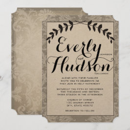 Calligrafie Garland Damask Brown Paper Wedding Kaart