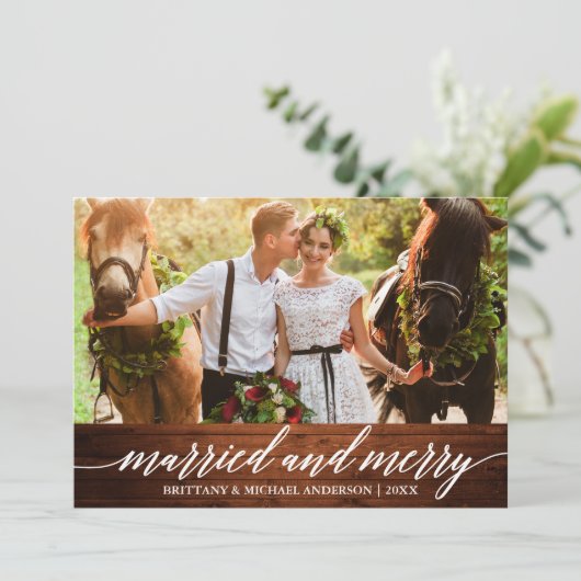 Calligrafie Gehuwd met hout en prettige bruiloft f Feestdagenkaart (Staand voorkant)