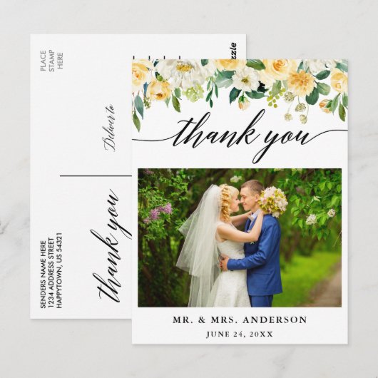 Calligrafie Gele Floral Weddenschap Foto Dank je Briefkaart (Voorkant / Achterkant)
