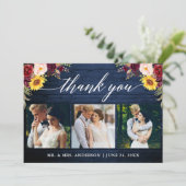 Calligrafie gemengd met Floral Wedding Blue Wood Bedankkaart (Staand voorkant)