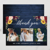 Calligrafie gemengd met Floral Wedding Blue Wood Bedankkaart (Voorkant / Achterkant)