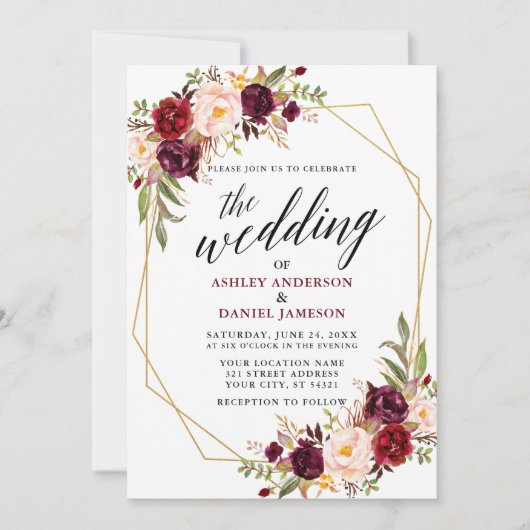 Calligrafie Geometric Wedding Burgundy Floral Kaart (Voorkant)