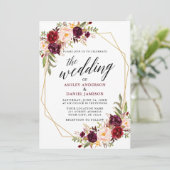 Calligrafie Geometric Wedding Burgundy Floral Kaart (Staand voorkant)