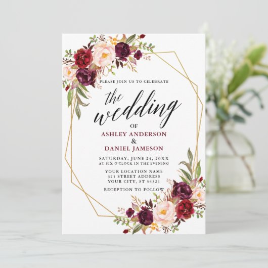 Calligrafie Geometric Wedding Burgundy Floral Kaart (Staand voorkant)