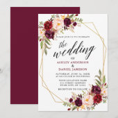 Calligrafie Geometric Wedding Burgundy Floral Kaart (Voorkant / Achterkant)