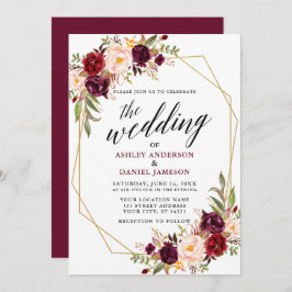 Calligrafie Geometric Wedding Burgundy Floral Kaart