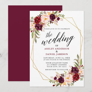 Calligrafie Geometric Wedding Burgundy Floral Kaart