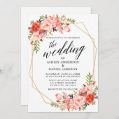 Calligrafie Geometric Wedding Coral Floral Kaart (Voorkant / Achterkant)