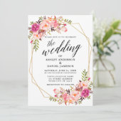 Calligrafie Geometric Wedding Pink Blush Floral Kaart (Staand voorkant)