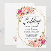 Calligrafie Geometric Wedding Pink Blush Floral Kaart (Voorkant / Achterkant)