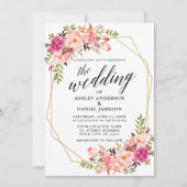 Calligrafie Geometrische roze Blush Floral Wedding Kaart (Voorkant)
