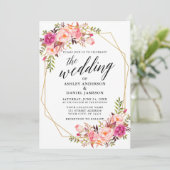 Calligrafie Geometrische roze Blush Floral Wedding Kaart (Staand voorkant)