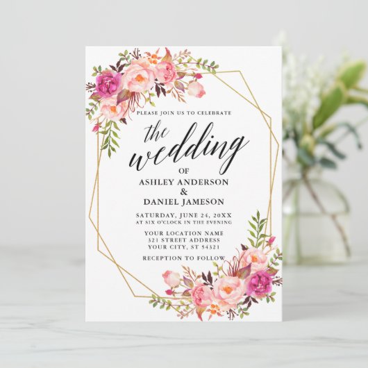 Calligrafie Geometrische roze Blush Floral Wedding Kaart (Staand voorkant)