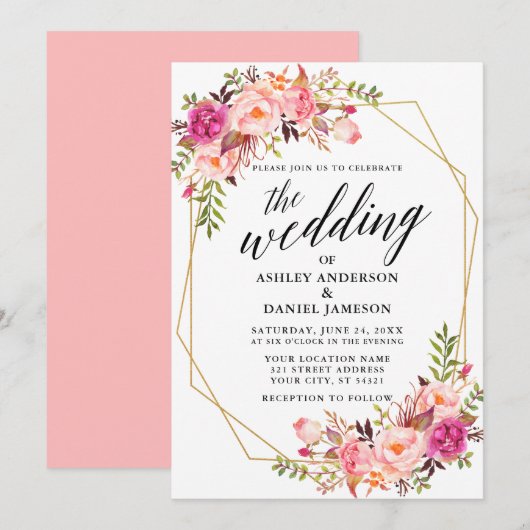 Calligrafie Geometrische roze Blush Floral Wedding Kaart (Voorkant / Achterkant)