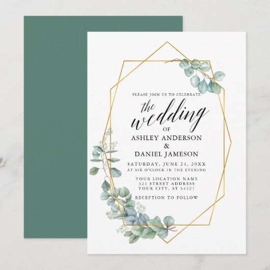 Calligrafie Gold Lijst Eucalyptus Greenery Wedding Kaart (Voorkant / Achterkant)