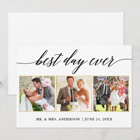 Calligrafie Gold Weddenschap 3 Foto Best Day Ever Bedankkaart (Voorkant / Achterkant)
