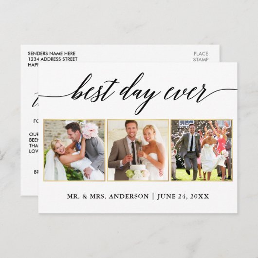 Calligrafie Gold Weddenschap 3 Foto Best Day Ever Briefkaart (Voorkant / Achterkant)
