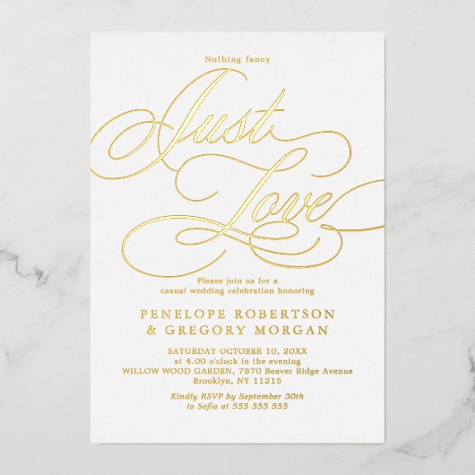 Calligrafie goud niets fancy alleen liefde bruilof folie uitnodiging (Voorkant)