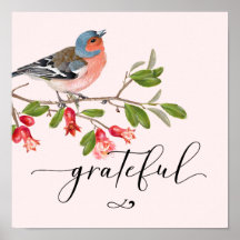 Calligrafie Grateful Waterverf Bird Flower Pink