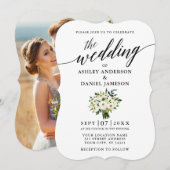Calligrafie Green Floral Bouquet Photo Wedding Kaart (Voorkant / Achterkant)