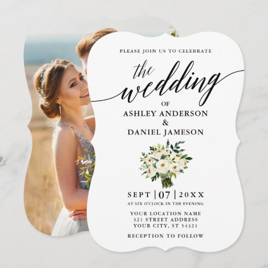 Calligrafie Green Floral Bouquet Photo Wedding Kaart (Voorkant / Achterkant)