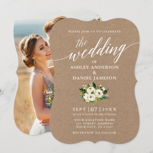 Calligrafie Green Floral Wedding Kraft Foto Kaart (Voorkant / Achterkant)