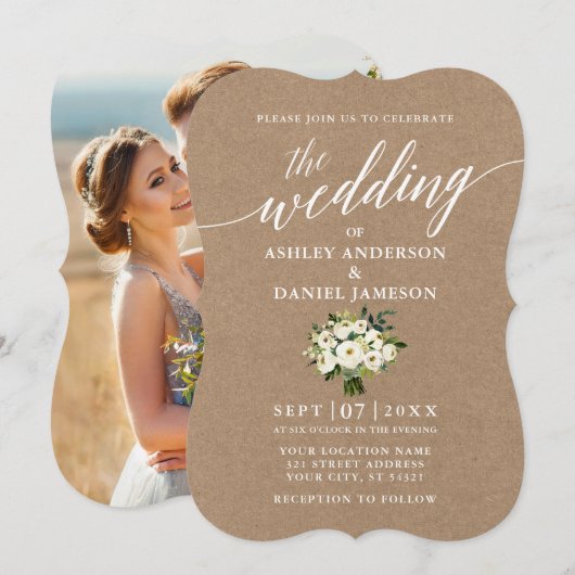 Calligrafie Green Floral Wedding Photo Kraft Kaart (Voorkant / Achterkant)