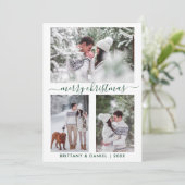 Calligrafie Green Merry Kerstmis 3 Fotopaar Feestdagenkaart (Staand voorkant)