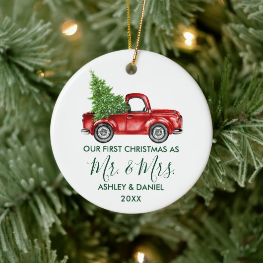 Calligrafie Green Mr. Mrs. Keramisch Ornament (Boom)