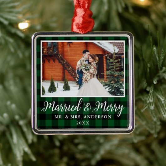 Calligrafie Green Pset Married en Merry Metalen Ornament (Boom)