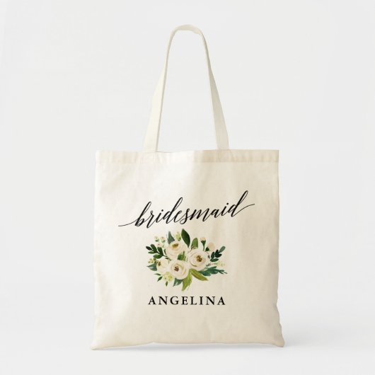 Calligrafie Green White Floral Bridesmaid Name Tote Bag (Voorkant)