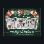 Calligrafie Green Wood 3 Foto Waterverf Floral Briefkaart<br><div class="desc">Moderne Elegant Calligraphy Script,  Waterverf Winter Floral,  String Lights Couple 3 Foto Merry Kerstmis Briefkaart omvat waterverf rode punsettias,  witte rozen,  holbessen,  pijnboomkegels en botanische groenery foliage. Rustic Country Green Wood.</div>