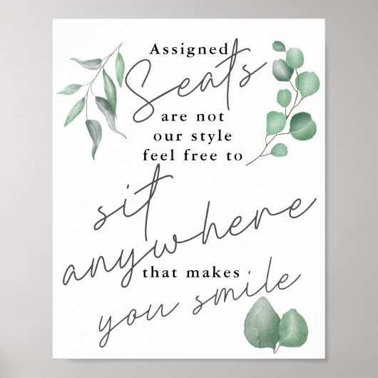 Calligrafie Greenery Sit Anywhere Wedding Sign Poster (Voorkant)