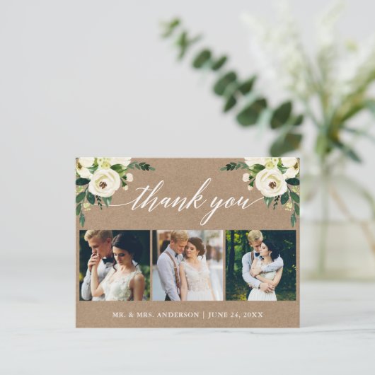 Calligrafie Groene Bloemige Trouw Dankjewel Kraft Briefkaart (Staand voorkant)