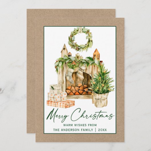 Calligrafie Groene Inkt Waterverf Kerstmis Kraft Feestdagenkaart (Voorkant / Achterkant)