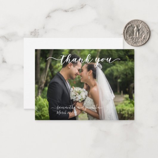 Calligrafie handgeschreven bruiloft Bedankt Foto Notitiekaartje (Voorkant / Achterkant in situ)