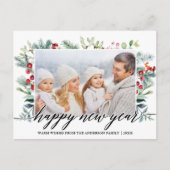 Calligrafie Happy New Year Winter Greenery Foto Briefkaart (Voorkant)