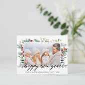 Calligrafie Happy New Year Winter Greenery Foto Briefkaart (Staand voorkant)
